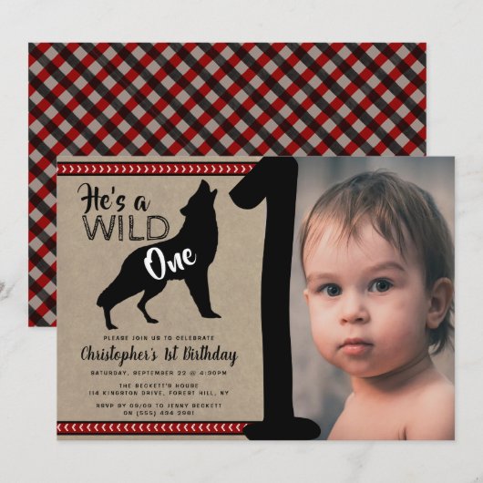 Wild One Boys Foto First Birthday Invitations Kaart (Voorkant / Achterkant)