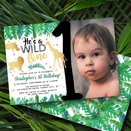 Wild One Boys Photo First Birthday Invitations