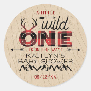 Wild One Boys Rustic Pset Lumberjack Baby shower Ronde Sticker