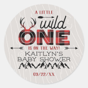 Wild One Boys Rustic Pset Lumberjack Baby shower Ronde Sticker
