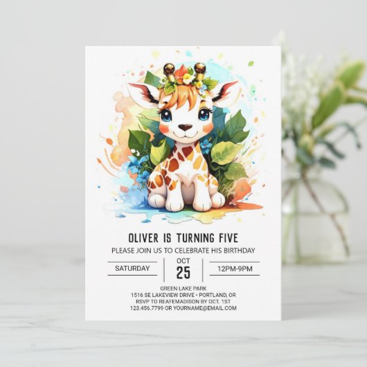 Wild One Custom Giraffe Verjaardagsuitnodiging Kaart (Staand voorkant)