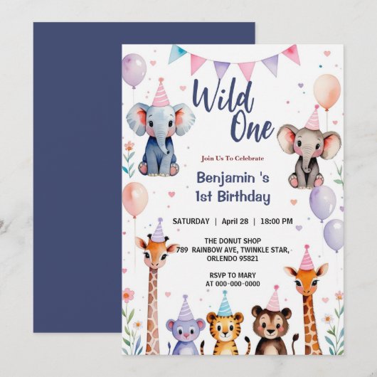 Wild One Cute Animals Balloon Boy 1st Birthday par Kaart (Voorkant / Achterkant)