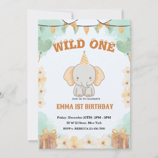 Wild One Cute Elephant 1er anniversaire Invitation (Devant)
