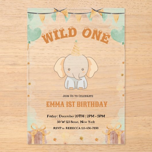Wild One Cute Elephant 1er anniversaire Invitation (Recto)
