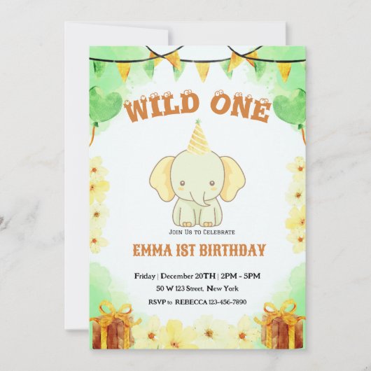 Wild One Cute Elephant 1er anniversaire Invitation (Devant)