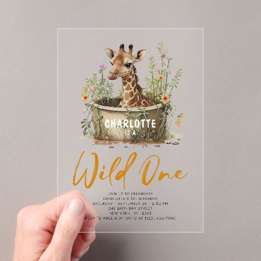 Wild One Cute Giraffe 1st Birthday Boho Animal Acryl Uitnodigingen (Insitu (Draagbaar))