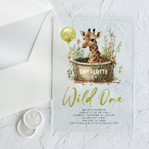 Wild One Cute Giraffe 1st Birthday Boho Animal Acryl Uitnodigingen