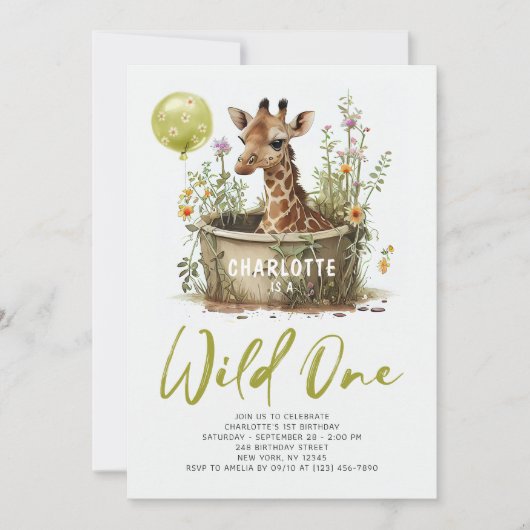 Wild One Cute Giraffe 1st Birthday Foto Dier Kaart (Voorkant)