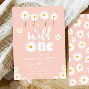 Wild One Daisy Boho Retro Pink Girl Eerste verjaar Kaart
