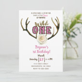 Wild One Deer Antlers Roos Roze 1ste verjaardag Kaart (Staand voorkant)