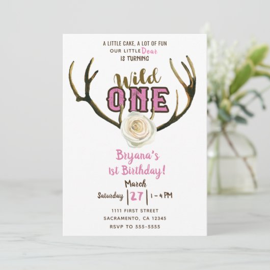 Wild One Deer Antlers Roos Roze 1ste verjaardag Kaart (Staand voorkant)