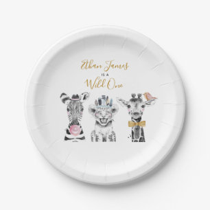 Wild One Dierensafari Zwart Wit Goud Verjaardag Papieren Bordje