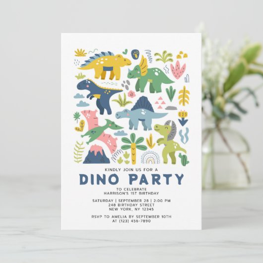 Wild One Dino Party Cute Modern Dinosaurs First Kaart (Staand voorkant)