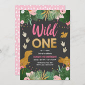 Wild One Dino Party Girl Pink Dinosaur Birthday Kaart (Voorkant / Achterkant)