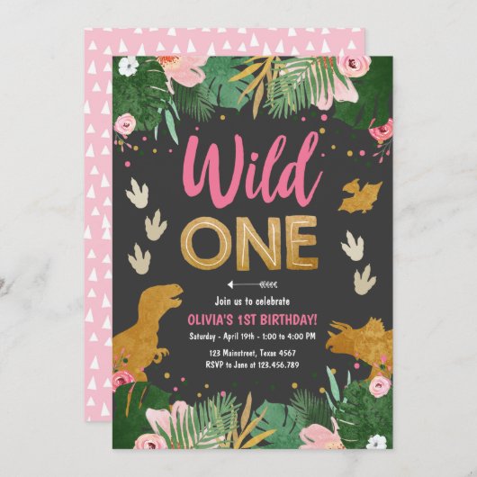Wild One Dino Party Girl Pink Dinosaur Birthday Kaart (Voorkant / Achterkant)