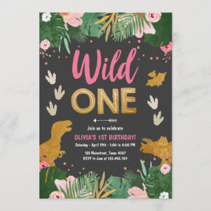 Wild One Dino Party Girl Pink Dinosaur Birthday Kaart