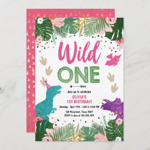 Wild One Dino Party Girl Pink Dinosaur Birthday Kaart