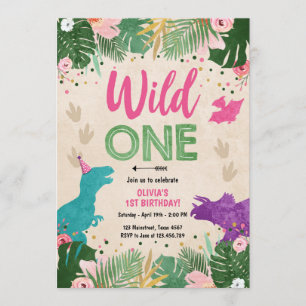 Wild One Dino Party Girl Pink Dinosaur Birthday Kaart