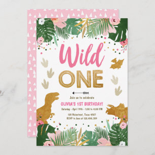 Wild One Dino Party Girl Pink Dinosaur Birthday Kaart