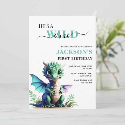 Wild One Dragon verjaardagsuitnodiging, 1e verjaar Kaart (Staand voorkant)