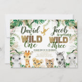 Wild One en Three Combined Zoo 1e 3e Verjaardag Kaart (Voorkant)