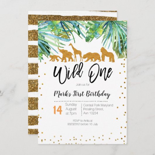 Wild One First Birthday Invitation Safari feuilles (Devant / Derrière)