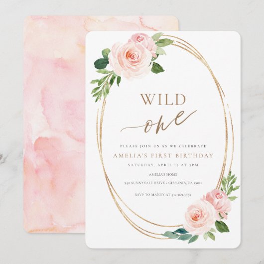 Wild One Floral First Birthday Invitation Girl (Devant / Derrière)