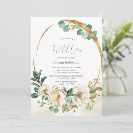 Wild One Floral Green Invitation dorée (Debout devant)