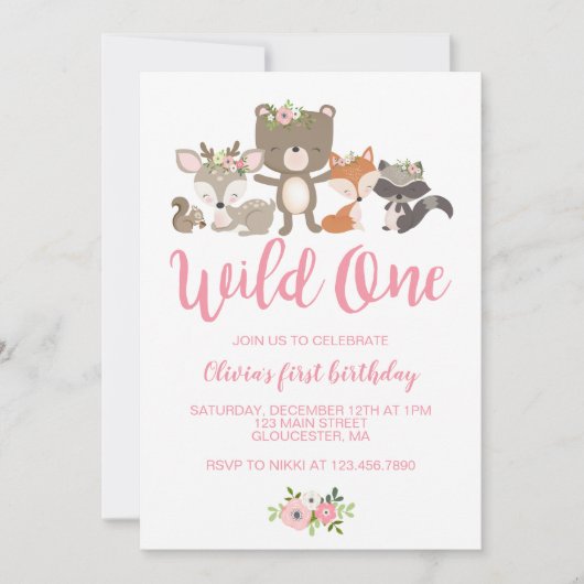 Wild One Floral Woodland Animal First Birthday Inv Kaart (Voorkant)