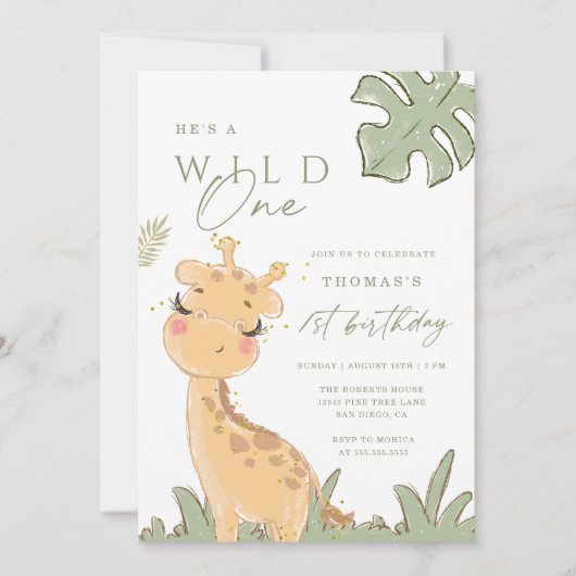 Wild One Giraffe 1er Invitation anniversaire (Devant)