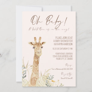 Wild One Giraffe Blush Floral Gender Neutral Baby Kaart