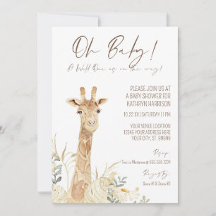 Wild One Giraffe White Floral Gender Neutral Baby Kaart