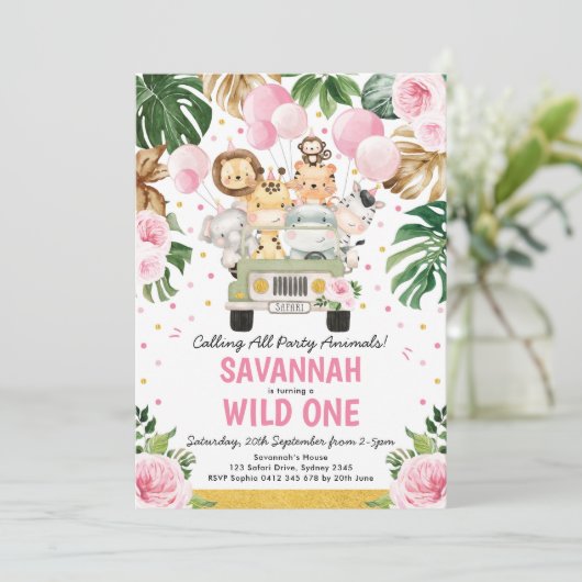 Wild One Girl 1st Birthday Oerwoud Safari Animals Kaart (Staand voorkant)