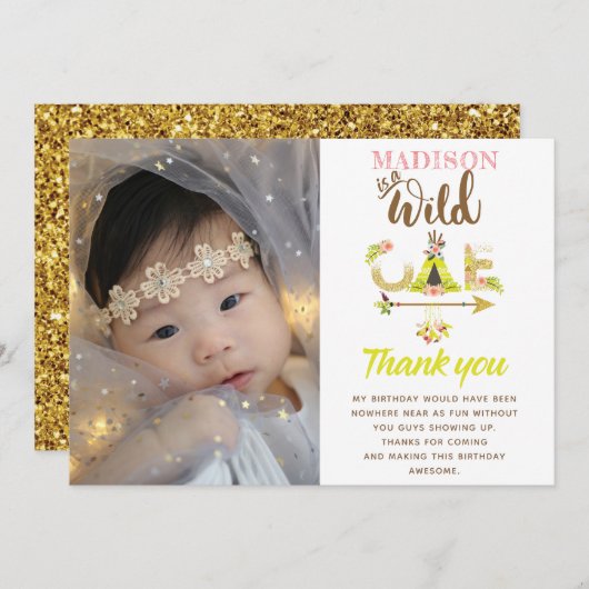 Wild One Girl Anniversaire Merci Parties scintilla (Devant / Derrière)