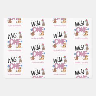 Wild One Girl First Birthday Safari Oerwoud Animal Inpakpapier Vel