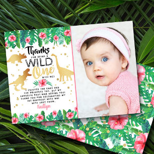Wild One Girls Dinosaur First Birthday Foto Bedankkaart