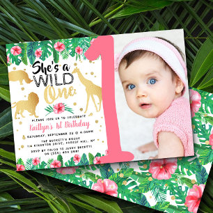 Wild One Girls Foto First Birthday Invitations Kaart
