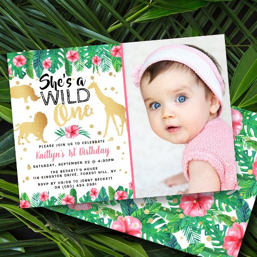 Wild One Girls Photo First Birthday Invitations