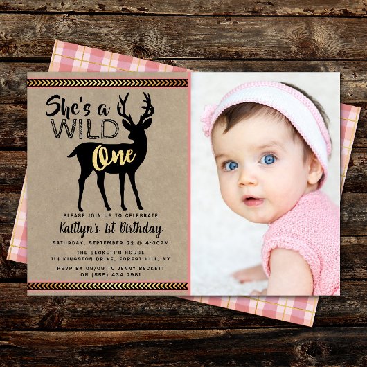 Wild One Girls Photo First Birthday Invitations
