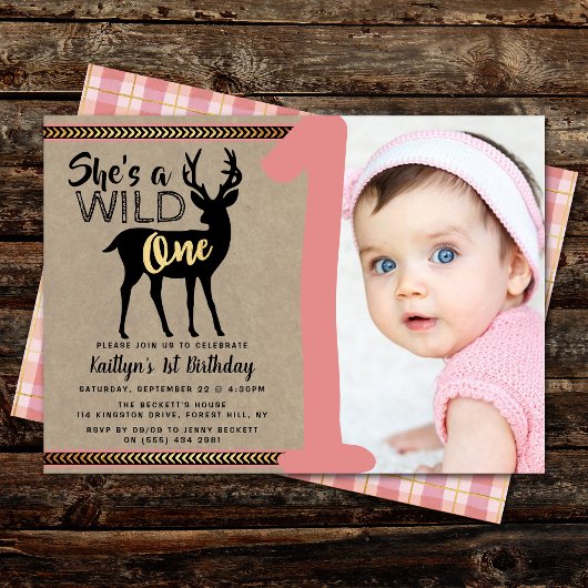 Wild One Girls Photo First Birthday Invitations