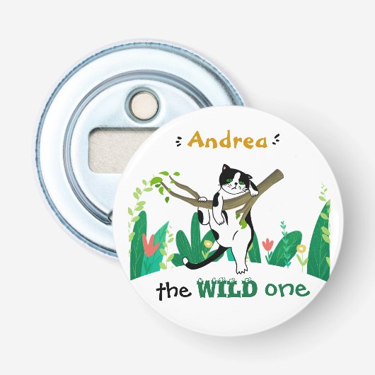 Wild One Greenery Safari Kitty Cat Button Flesopener (Voorkant)