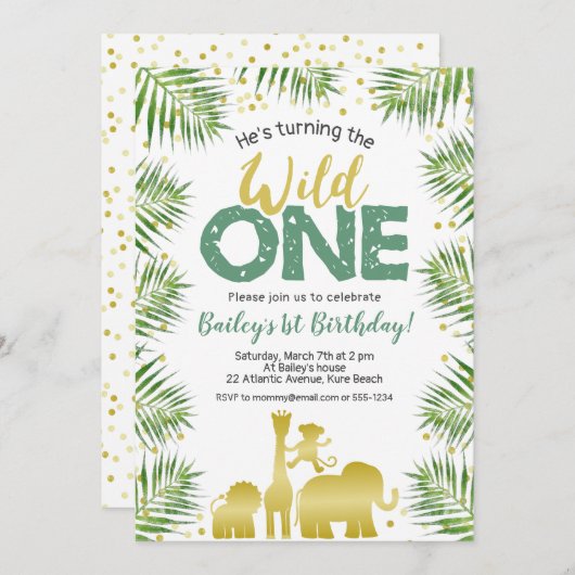 Wild One Groen Goud Safari Dieren 1e Verjaardag Kaart (Voorkant / Achterkant)