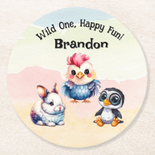 Wild One Happy Fun Woodland Animals Waterverf Ronde Kartonnen Onderzetter