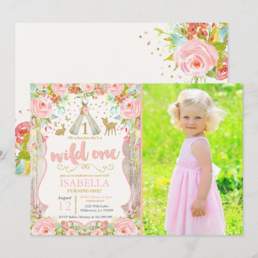 Wild One Invitation Girl Wild One 1er Anniversaire (Devant / Derrière)