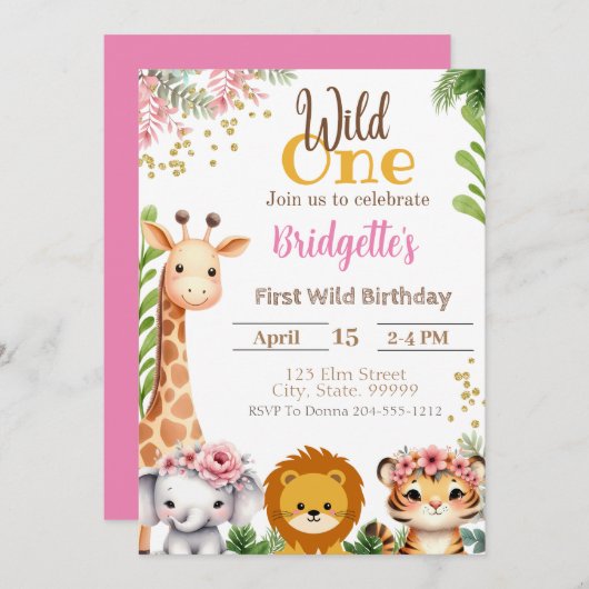 Wild One Jungle Anniversaire Invitation fille (Devant / Derrière)