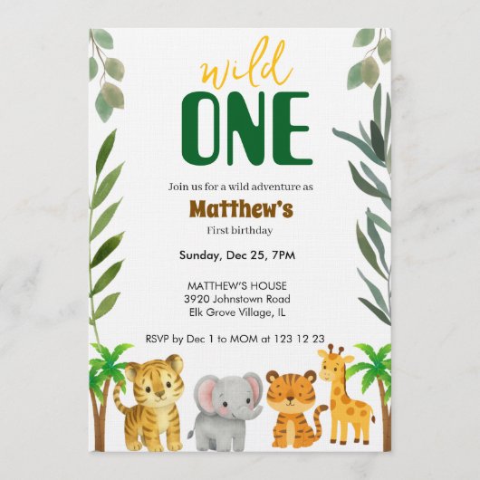 Wild One Jungle First Birthday Invitation Kaart (Voorkant)