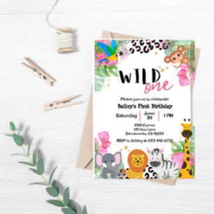 Wild One Jungle Girls Birthday Invite Kaart
