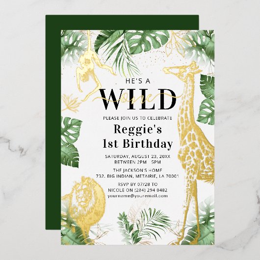 Wild One Jungle Green & Gold Foil Invitation (Recto/Verso)
