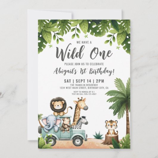 Wild One Jungle Safari 1e verjaardagsfeestje Kaart (Voorkant)