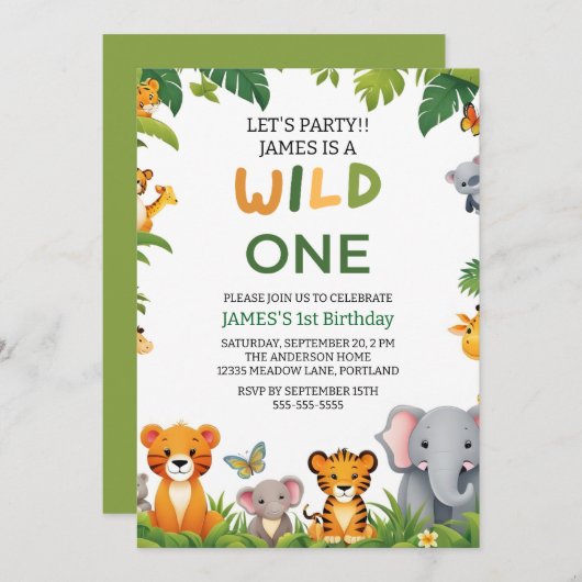 Wild One Jungle Safari 1er anniversaire Invitation (Devant / Derrière)